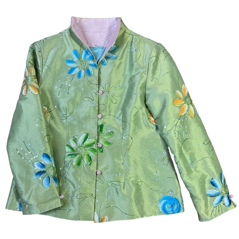 Art to wear Embroidered Floral Satin Jacket Beaded Mandarin Collar Pastel Green‎